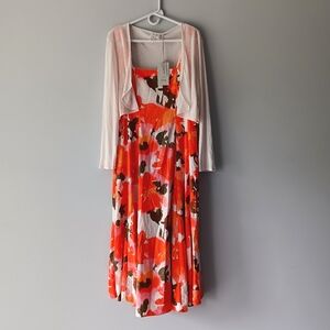 New Joie Maxi Dress & Cardi Set Linen Cotton Flowers Orange Pink White Size 8